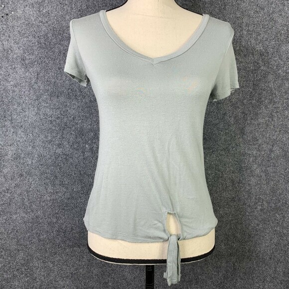 Glitz Tie Bottom Pullover Stretchy Top Women M Green Criss-Cross Back - Picture 1 of 9
